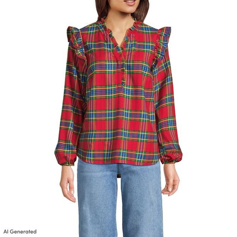 Lands' End Ruffle Plaid Flannel Popover Blouse Medium Red Tartan Holiday